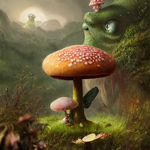 Prompt: portrait of a Horrifying hyper realistic godlike fairy eating a live a frog , detailed mushroom village in the background , low angle, Greg rutkowski legendary matte painting, post-processing, fantasy , masterpiece , junji ito, painting , vibrant colors