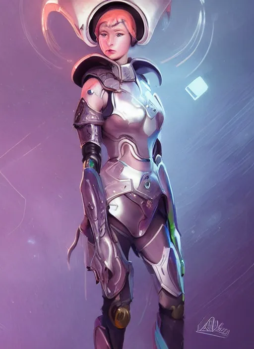 Image similar to of a full body, center frame hyper realistic digital arthero pose of a timepunk war cleric in a futuristic pearl armor, antenna tech helmet, dark gloomy environment. trending on artstation, art by lois van baarle by sung choi by john kirby artgerm style pascal blanche