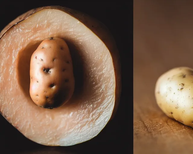 Image similar to 8 5 mm photography of a potato with the face of elon musk, dof and bokeh