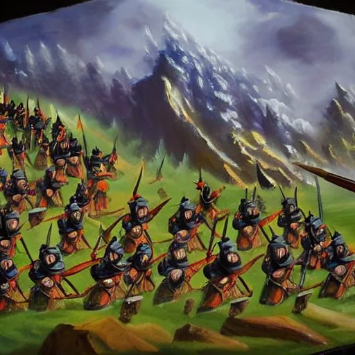 Prompt: painting of a dark mountain fighting armies of gnomes, epic, army formations, melle, ranged and siege