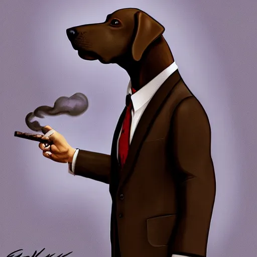 Prompt: a dog wearing a business suit smoking a cigar, dramatic lighting, cinematic, establishing shot, extremly high detail, photorealistic, cinematic lighting, concept art, artstation, style by greg rutkowsky