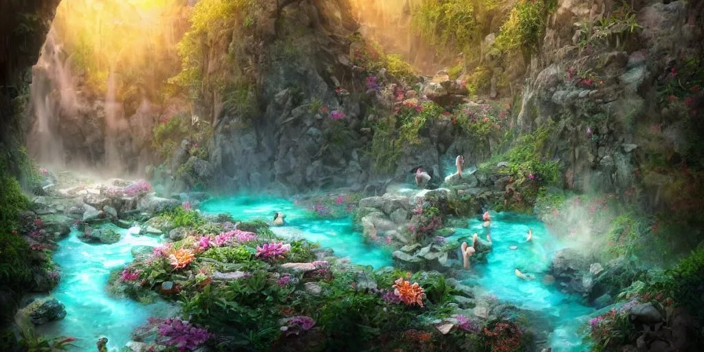 Image similar to cozy mountain hot springs hidden in a cave, lush trees and flowers, sunset, nephilim, rippling pools of water, ethereal, fantasy, James Jean, oozium, peter morbacher, angelarium, alchemy, luxury, heavenly light, Soft illumination, Trending on artstation, Cinematic Lighting, digital painting, octane render, artgerm