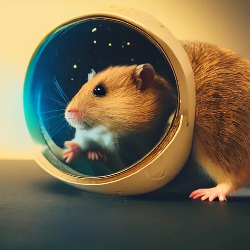 Image similar to photograph of a hamster wearing an astronaut helmet, sharp focus, hd, studio lighting, enhanced colors, cinematic lighting, 8k