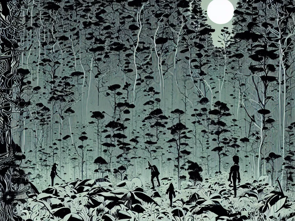 Image similar to hiking through the forest by balmy enso, jamie hewlett, nicolas delort, moebius, victo ngai, josan gonzalez, kilian eng