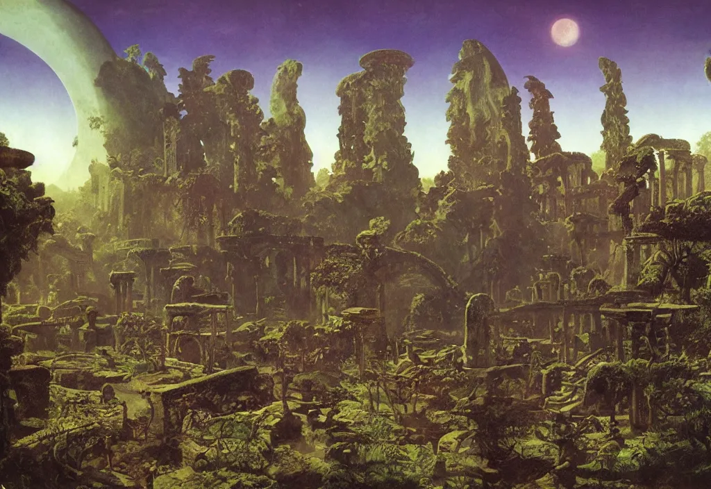 Image similar to a tropical alien world, ancient ruins, by roger dean, good lighting, david a. hardy, syd dutton, albert bierstadt