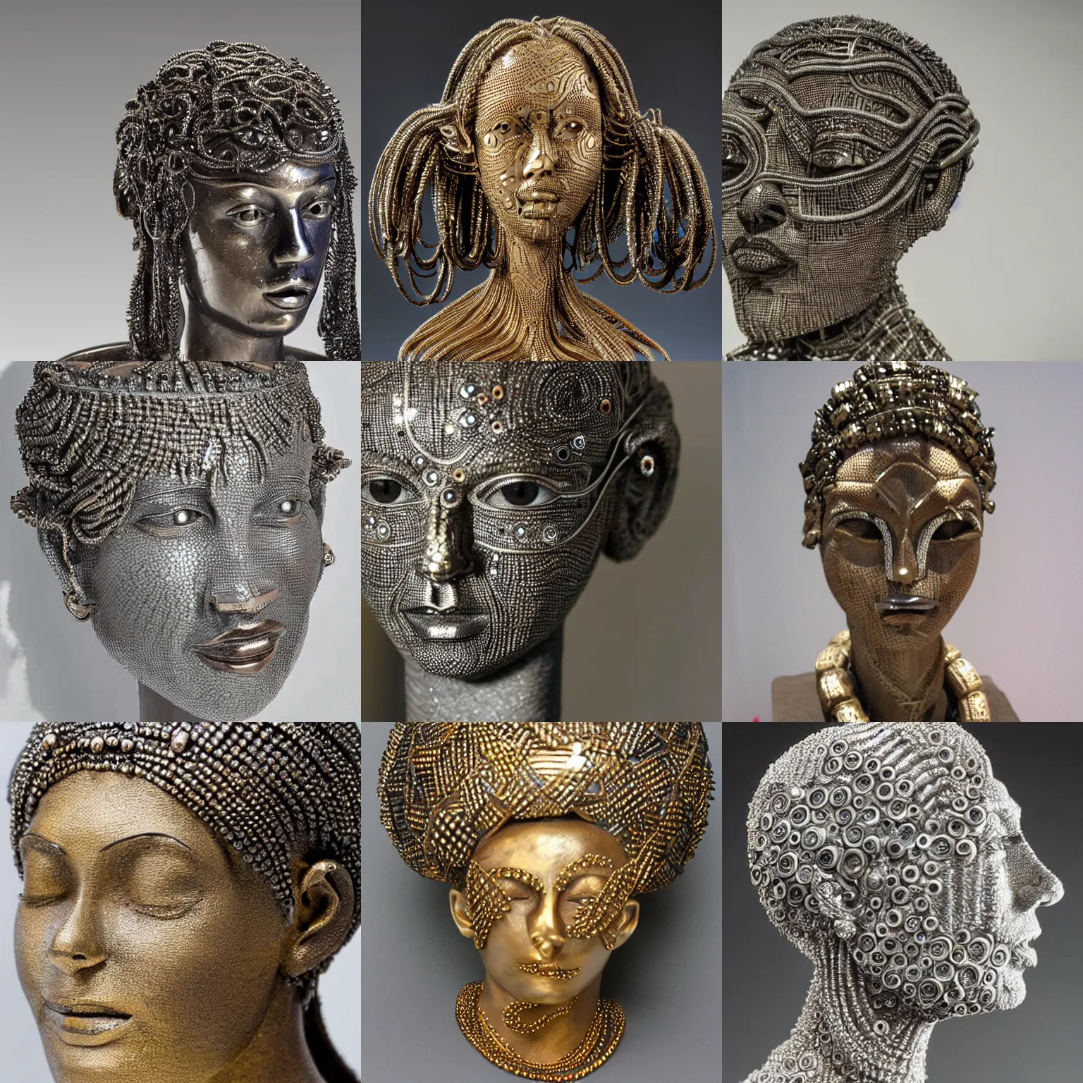 Prompt: an intricate and extremely detailed sculpture of a female head made of metal rings