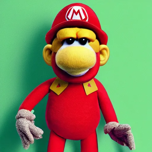 Image similar to A full body still of Mario as a muppet, photo real, photographic, photograph, artstation, trending, award winning, epic lighting, featured