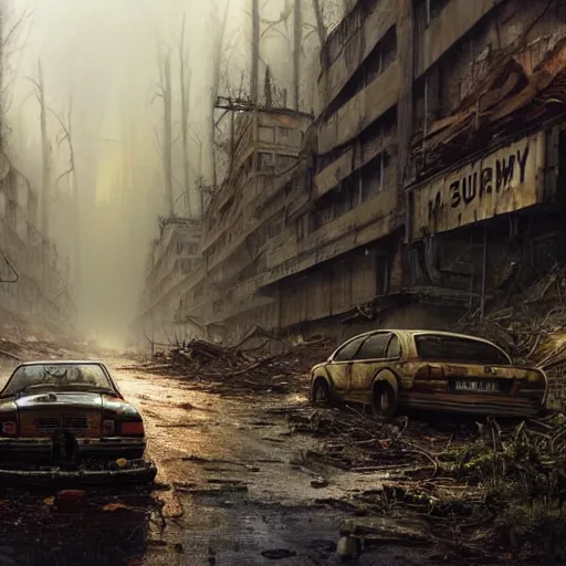 Image similar to postapocalyptic city of munic!!!, wild forest!!! vegetation!!!, rubble!!, rusty bmw cars!!, hyperrealistic, highly detailed, cinematic, foggy light from fires, beautiful, cgssociety, artstation, 8 k, oil painting by greg rutkowski, by artgerm, by wlop