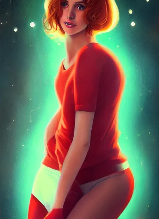 Image similar to full body portrait of teenage cheryl blossom, bangs, green eyes, mischievous expression, red hair, sultry smirk, bangs and wavy hair, 1 9 8 0 s, intricate, elegant, glowing lights, highly detailed, digital painting, artstation, concept art, smooth, sharp focus, illustration, art by wlop, mars ravelo and greg rutkowski