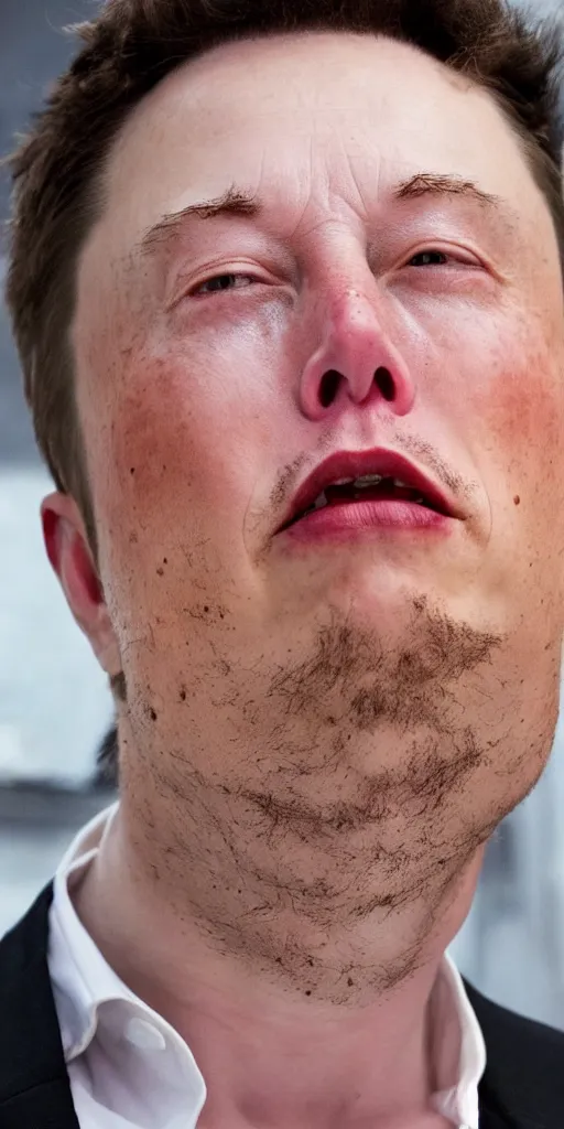 Image similar to cropped close up of elon musk crying and serving you at a fast food restraunt, hyperrealistic, dramatic lighting