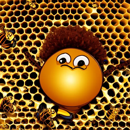 Prompt: fun cartoon honey bee with an afro inside of a honeycomb dripping with honey