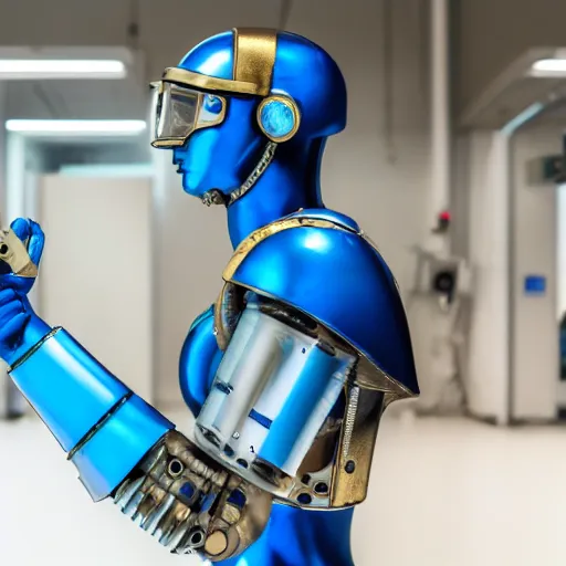 Prompt: A portrait of a metalic blue humanoid android, with only eyes (looking like goggles with cyrillian blue), with gold plate armor on its torso, in an ancient, high tech lab, 8k 85mm lens, f/1.4