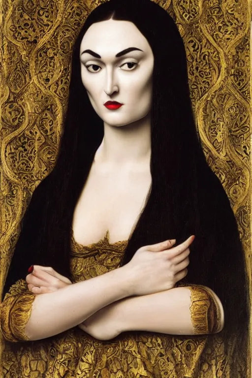 Image similar to beautiful face portrait of sasha grey as morticia addams, oil painting by nicholas hilliard, raphael, sofonisba anguissola