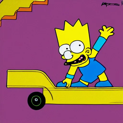 Prompt: Bart Simpson skateboarding down the stairs, in style of RHADS, trending on artstation, 8K, Highly Detailed