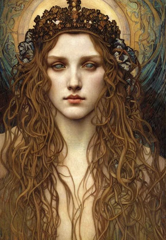 Image similar to detailed realistic beautiful young medieval queen face portrait by jean delville, alphonse mucha, vincent van gogh, and marco mazzoni, art nouveau, symbolist, visionary, gothic, pre - raphaelite