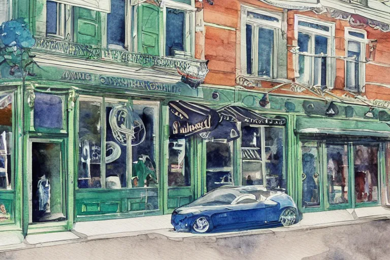 Image similar to watercolor artwork of sneaker store in russia : : green, art nouveau, trending on artstation