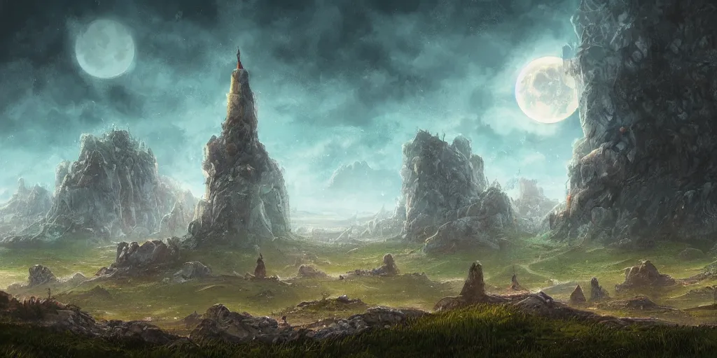 Image similar to The great intricate marble wizards tower, painted landscape, green fields in the background, moody lighting, moon in the night sky, sharp image, 4k, artstation, colorful digital art