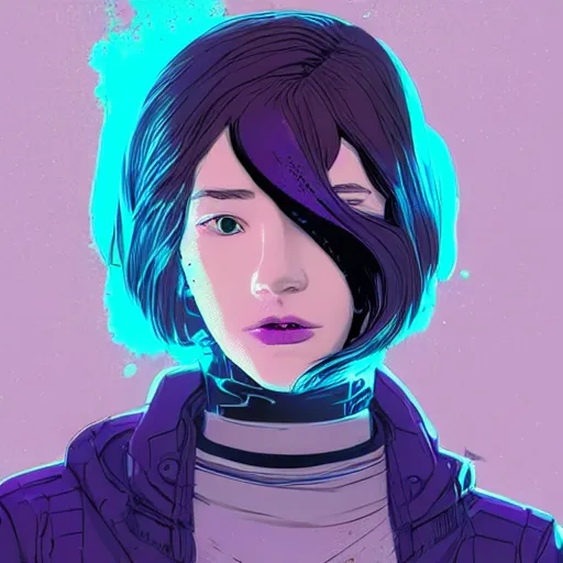 Image similar to Highly detailed portrait of a cyberpunk young lady with, freckles and cool hair by Atey Ghailan, by Loish, by Bryan Lee O'Malley, by Cliff Chiang, inspired by image comics, inspired by graphic novel cover art, inspired by nier!! Gradient purple, silver, black and white color scheme ((grafitti tag brick wall background)), trending on artstation