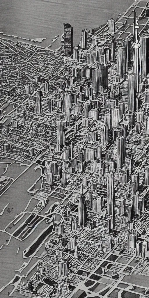 Image similar to high detail woodcut of toronto in the 1 9 7 0 s, aerial photography.