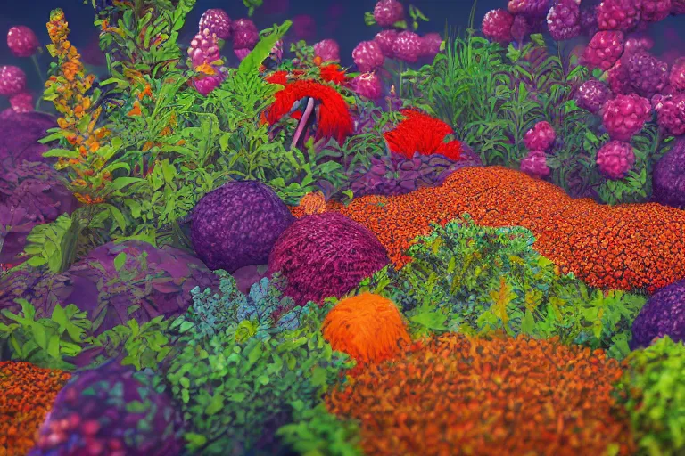 Image similar to super detailed color art, a lot of small garden flowers, A multiverse of berries, unreal engine, wes anderson color palette, 3d render, colorful, digital art