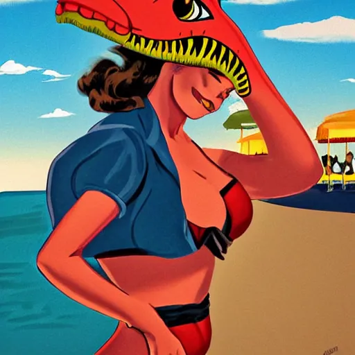 Image similar to Human-dinosaur hybrid at the beach, pin up style poster