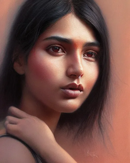 Image similar to highly realistic, beautiful digital art, true to life portrait of a young indian woman, sharp focus, by ilya kuvshinov, by wlop, by tom bagshaw, trending on artstation, cinematic lighting, hyper realism, octane render, 8 k, hyper detailed.