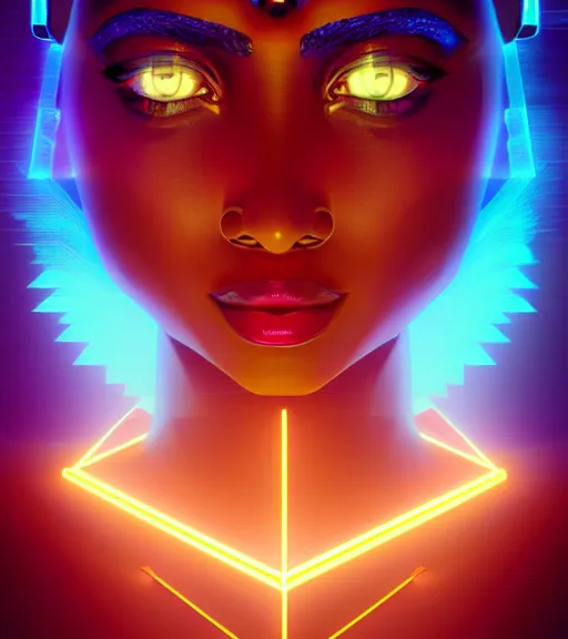 Image similar to symmetry!! egyptian goddess of technology, solid cube of light, hard edges, product render retro - futuristic poster scifi, lasers and neon circuits, brown skin beautiful egyptian goddess, intricate, elegant, highly detailed, digital painting, artstation, concept art, smooth, sharp focus, illustration, dreamlike, art by artgerm