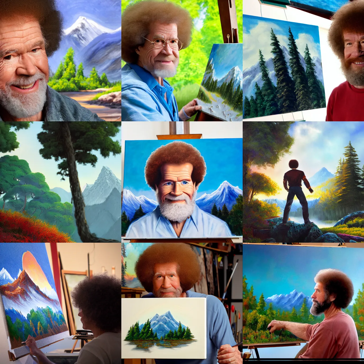 Prompt: a closeup photorealistic photograph of bob ross at his studio. bob is working on a canvas painting of iron man flying through the trees. mountain scape. film still, vibrant colors. this 4 k hd image is trending on artstation, featured on behance, well - rendered, extra crisp, features intricate detail, epic composition and the style of unreal engine.