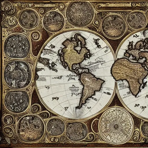 Image similar to ancient fantasy world map, antique intricate design, filigree finish, highly detailed