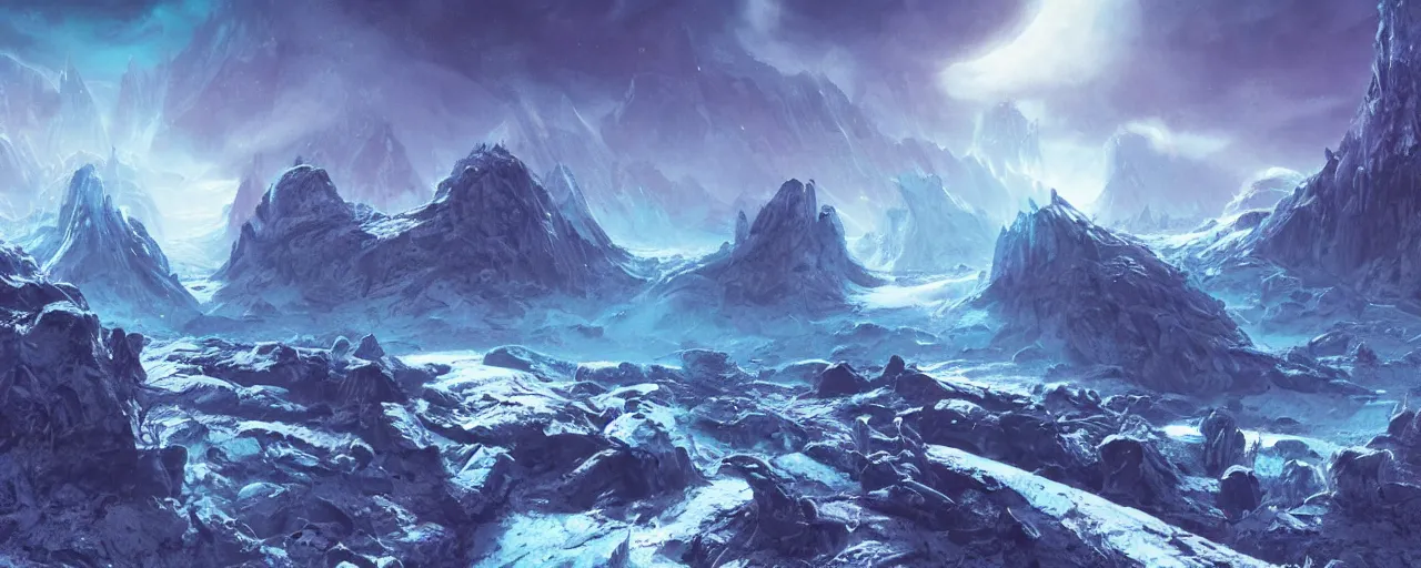 Prompt: ” glacier alien landscape, [ cold, cinematic, detailed, epic, widescreen, opening, establishing, mattepainting, photorealistic, realistic textures, octane render, art by slop and paul lehr ] ”