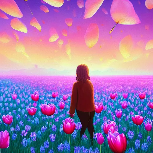 Prompt: tulip face, girl floating in a flower field, surreal photography, sunrise dramatic light, impressionist painting, colorful clouds, digital painting, artstation, simon stalenhag