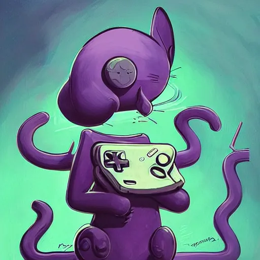 Prompt: purple cat playing gameboy, by Peter Mohrbacher