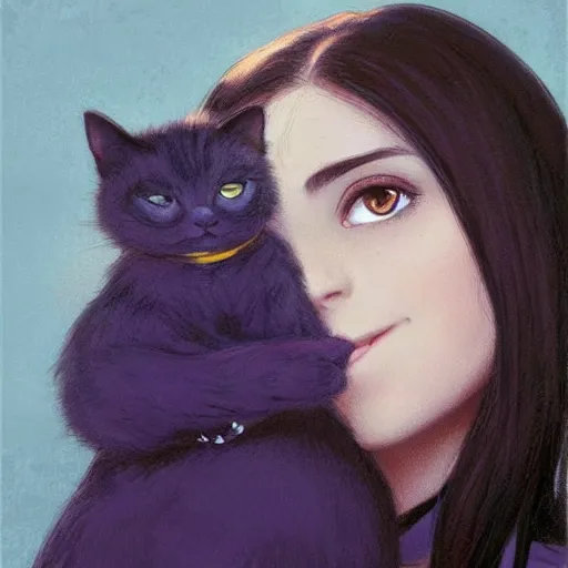 Image similar to emo girl and her cat, with long dark hair, thick eyebrows!!! deep dark big eyes and dark circles!, wide nose!!!, oval face shape, big cheeks!, violet from the incredibles by greg rutkowski and alphonse mucha, pexels contest winner, high quality photo, rtx, hd