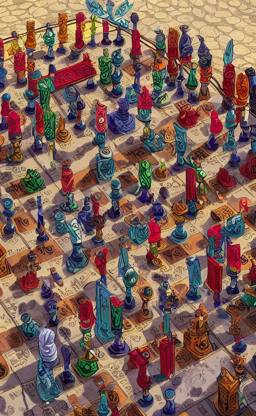 Prompt: beautiful detailed painting a people on a chessboard playing a game of human chess. vibrant, high quality, very funny, beautiful, hq. hd. 4 k. award winning. trending on artstation