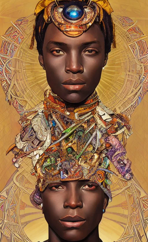 Image similar to upper half portrait of retro futuristic african tribal chief - embellished with vegetation and iridescent crystals art by joseph christian leyendecker, design blocking by alphonso mucha and drew struzan, highly detailed, digital painting, airbrush, concept art, illustration, smooth sharp focus, intricate, symmetry,