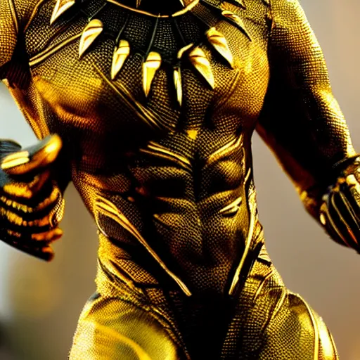 Image similar to a close up photo of a detailed golden statue of Black Panther, 8K,