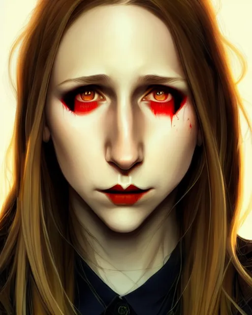 Prompt: in the style of Joshua Middleton and artgerm, beautiful evil vampire Taissa Farmiga sharp bloody vampire fangs open mouth, yellow eyes, symmetrical eyes, realistic face, symmetrical face, long black hair, full body, moody lighting