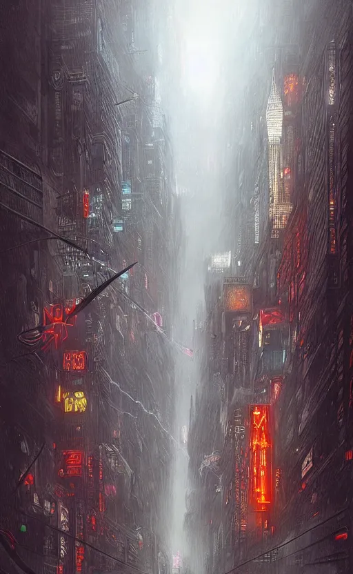 Prompt: an digital art of cyberpunk storm that destroys new york city in style of zdislaw beksinski