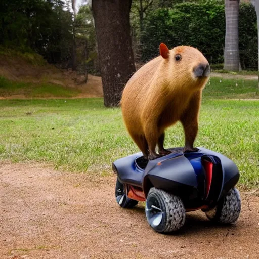 Prompt: photograph of a capybara riding a flaming segway