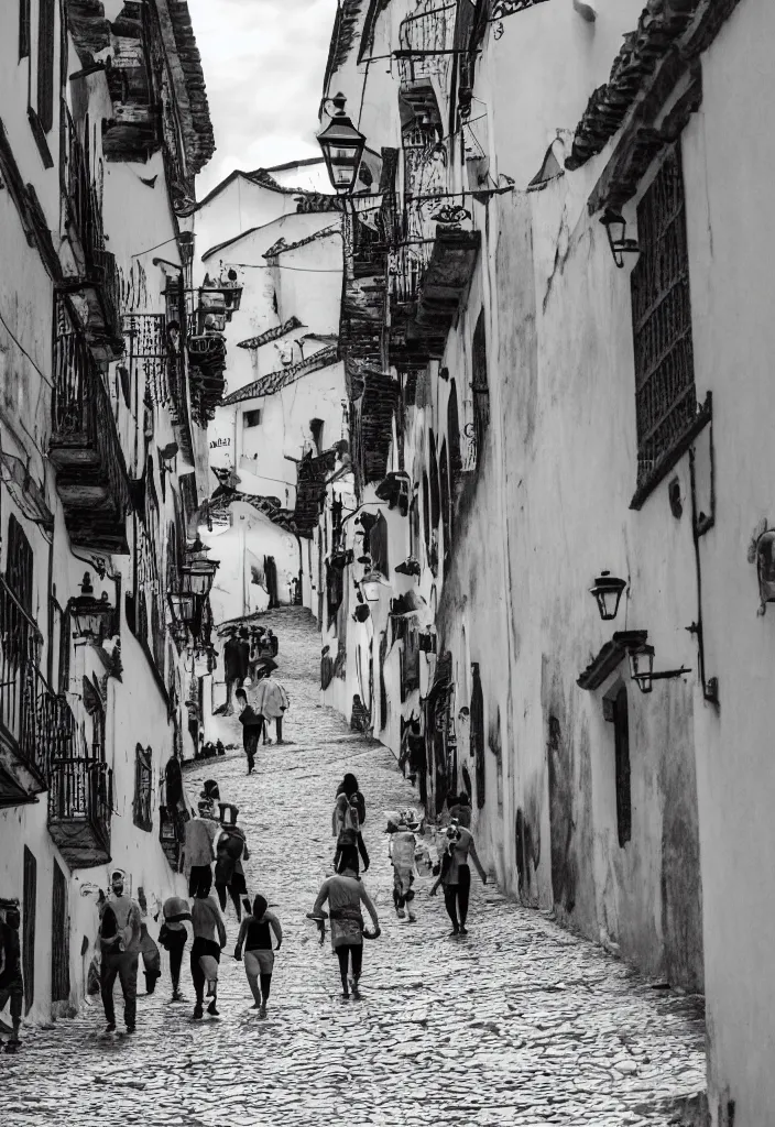 Image similar to ouro preto black and white barroc, photo close view of street with people walking