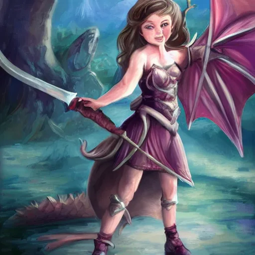 Prompt: a dragon slaying girl