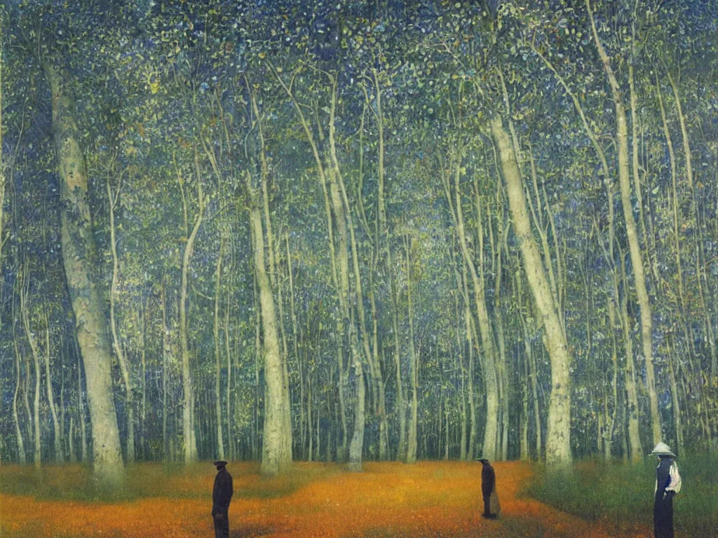 Prompt: man in white beekeeper suit looking at the psychedelics dream mothership over the solitary road lined with giant poplars. painting by mikalojus konstantinas ciurlionis, bosch, wayne barlowe, agnes pelton, rene magritte