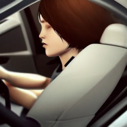 Image similar to very coherent hyper realistic firstperson driving a car, trending on artstation, detailed, mild, ethereal, elegant, tender