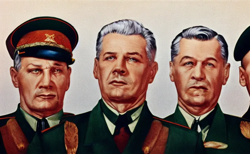 Prompt: 50s movie still close-up portrait of three individual elder soviet generals with very diverses faces in a stalinist style hall, by Irving Penn, Cinestill 800t 50mm eastmancolor, heavy grainy picture, very detailed, high quality, 4k, HD criterion, precise texture, facial precision, diverse haircuts, diverse ages, different expression