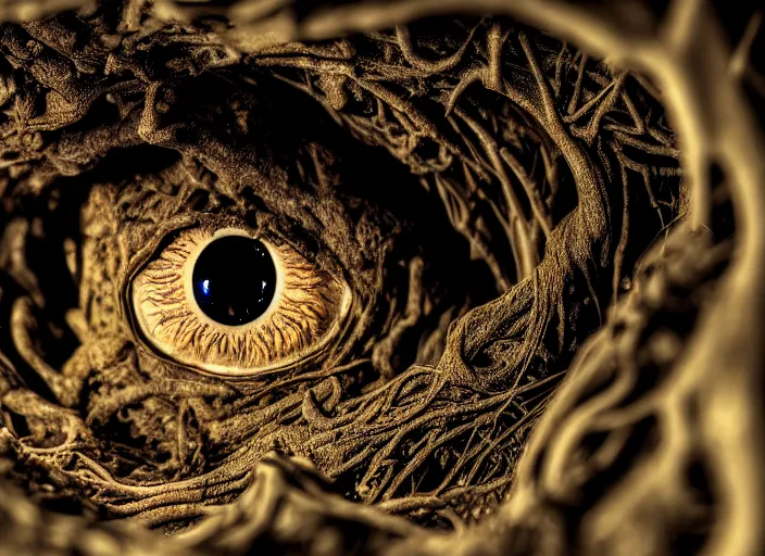 Prompt: photo of an eye wrapped in roots underground. Fantasy magic style. Highly detailed 8k. Intricate. Nikon d850 55mm. Award winning photography.