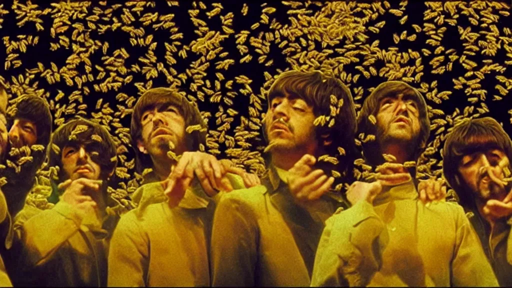 Image similar to The Beatles!!! drowning in honey! in a large honey jar, film still from the movie directed by Denis Villeneuve with art direction by Salvador Dalí, wide lens