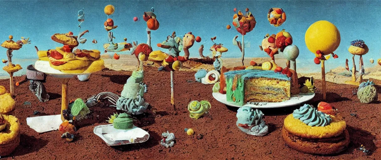 Prompt: surrealist pastry desserts, cupcake, layer cake, pies by max ernst in a california desert landscape