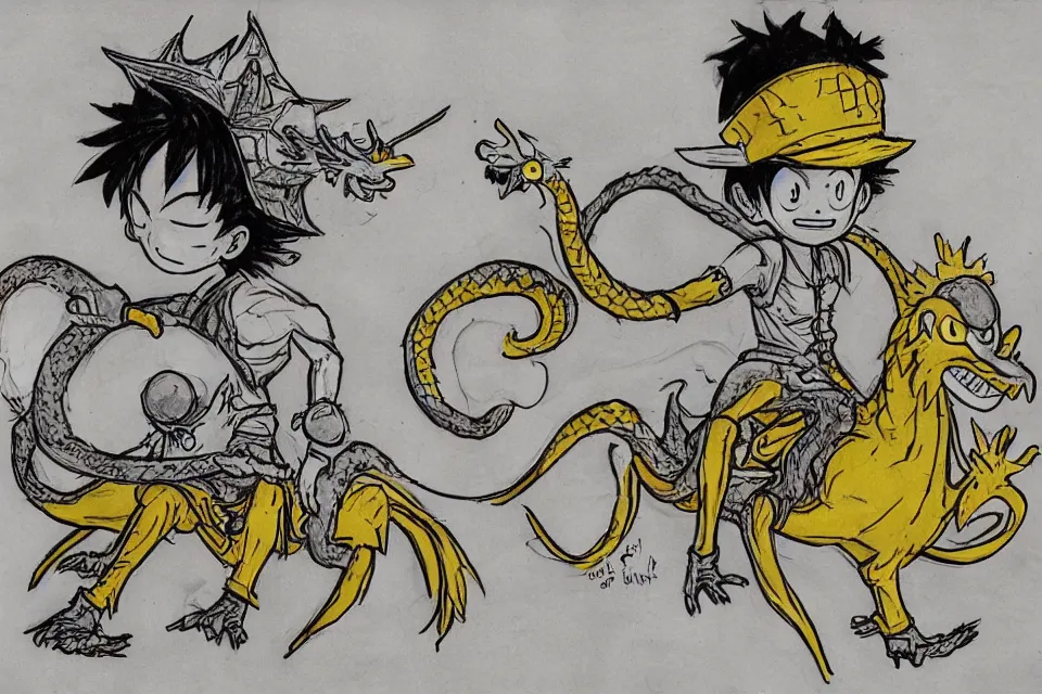 Prompt: concept sketches of a young luffy riding wearing a gold crown riding a large dragon by jamie hewlett, in the style of megaman