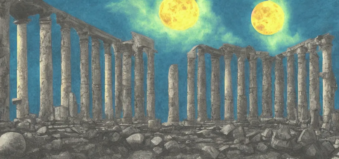 Prompt: The ruins of the Silver Millennium on the moon from Sailor Moon, digital painting, planet Earth in the distance, Greek-esque columns and ruins