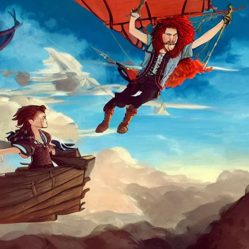 Image similar to A sky-pirate with long red hair meeting a young boy thief with blonde hair on an airship, epic fantasy art style